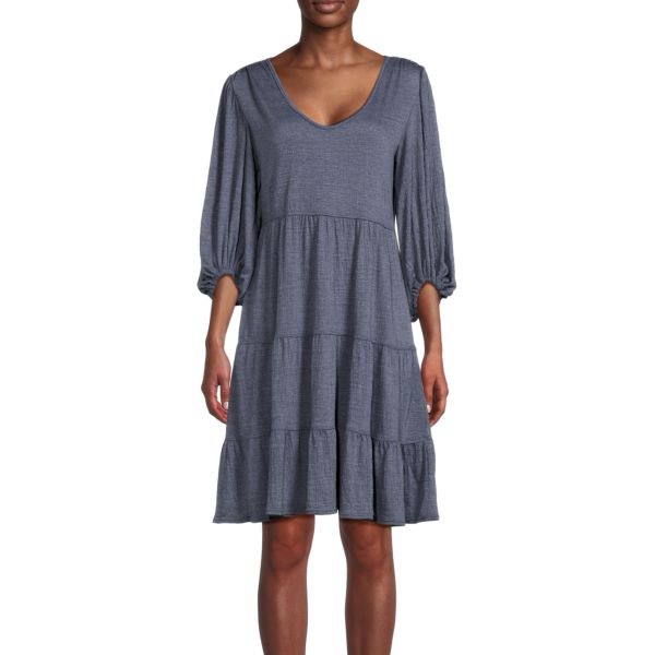 Max Studio Crinkled Jersey Dress Denim Blue Tiered Pullover Soft Dress Sz Large